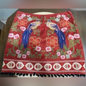 Altar'd State Red Mini Skirt with Embroidered Birds and Flowers